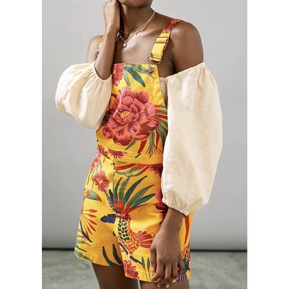 FARM Rio Anthropologie Sabrina Floral Boho Tropical Shorts Overalls Sz S - Picture 9 of 10